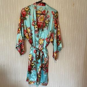 Sky blue + floral silk robe